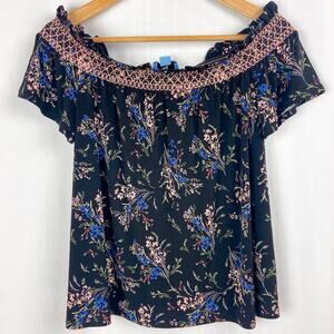 CeCe Floral Peasant Top‎ S Black Pink Knit Off the Shoulder Embroidered